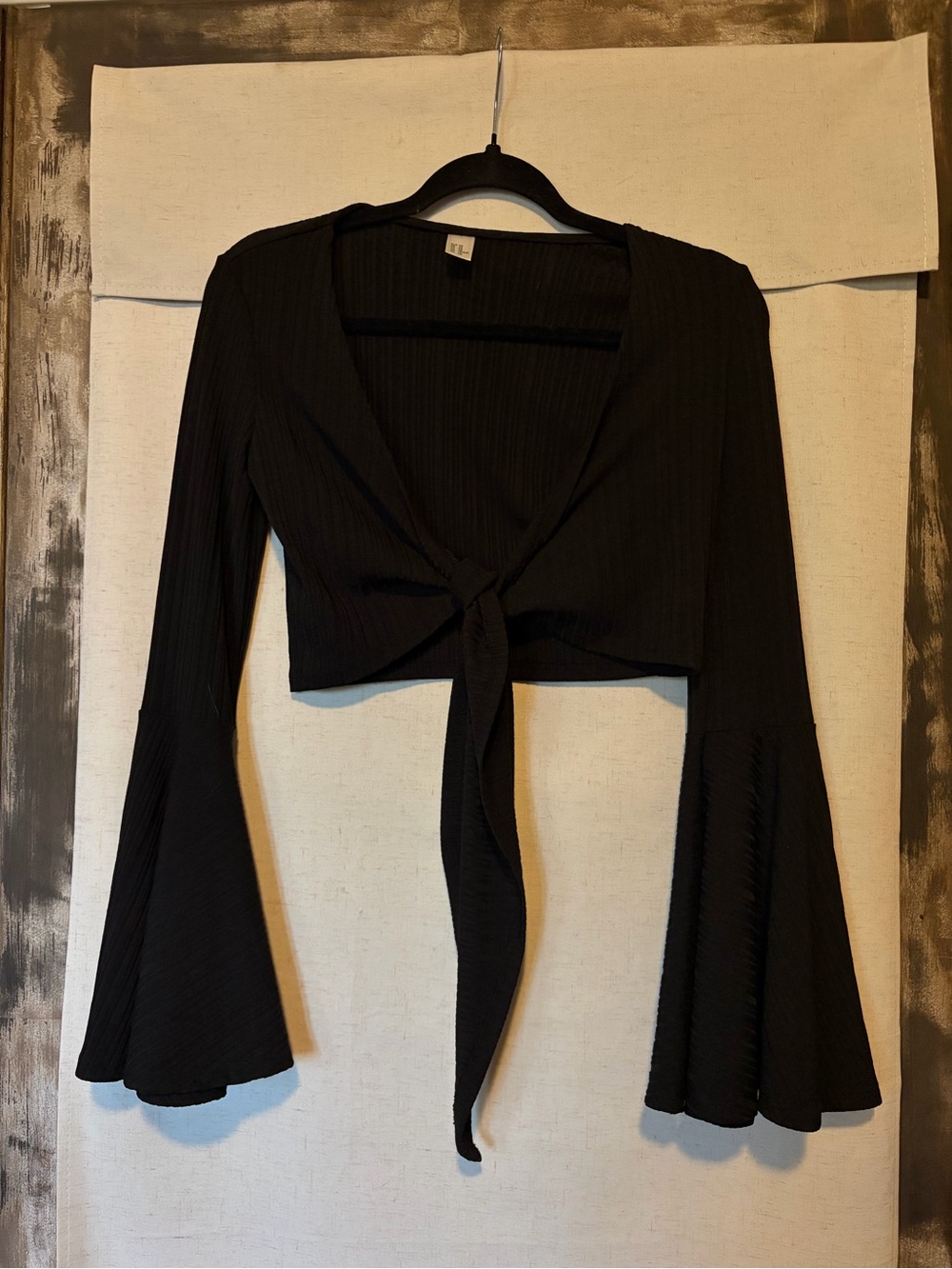 Black Tie-Front Bell Sleeve Crop Top - Women